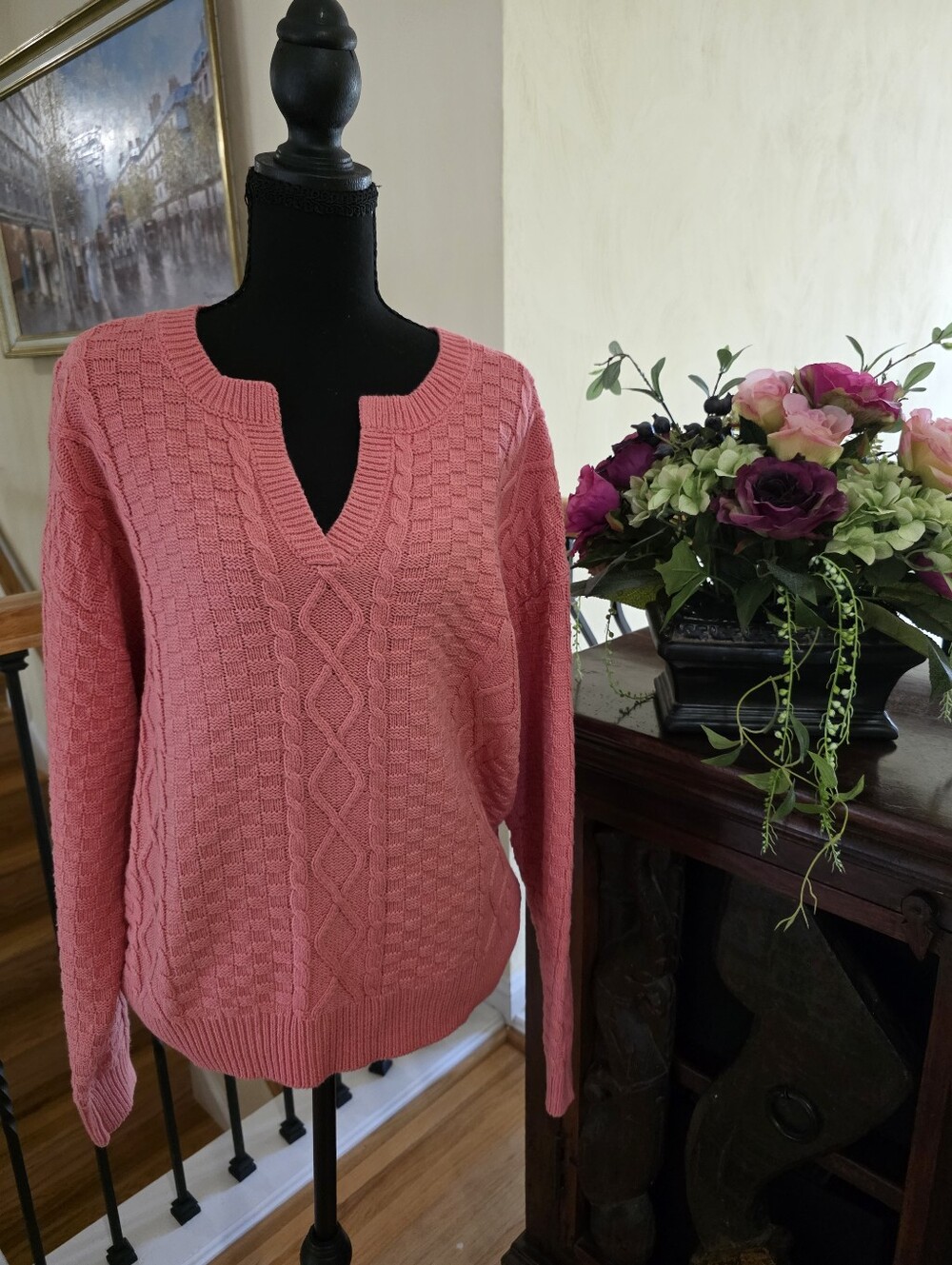 St. John's Bay Pink Cable-Knit V-Neck Sweater Size XL